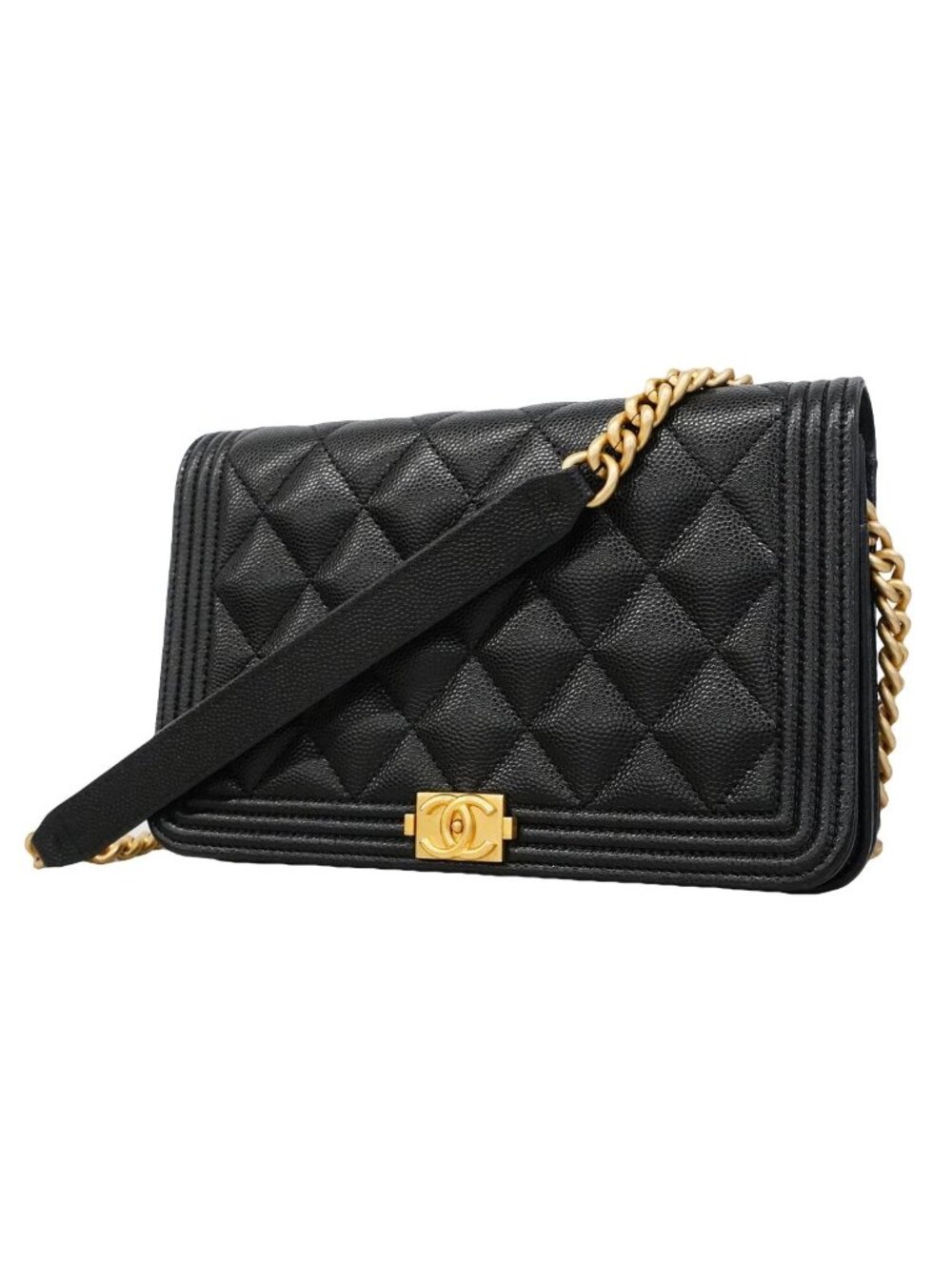 Chanel Shoulder Wallet Boy Caviar Leather Black Gold